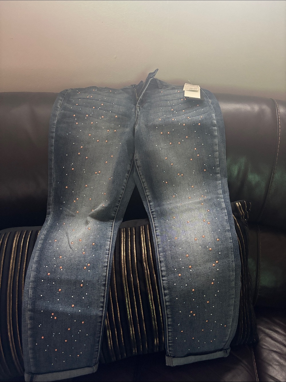 Nine West Dark Blue Straight-Leg Jeans with Pink & Silver Studs